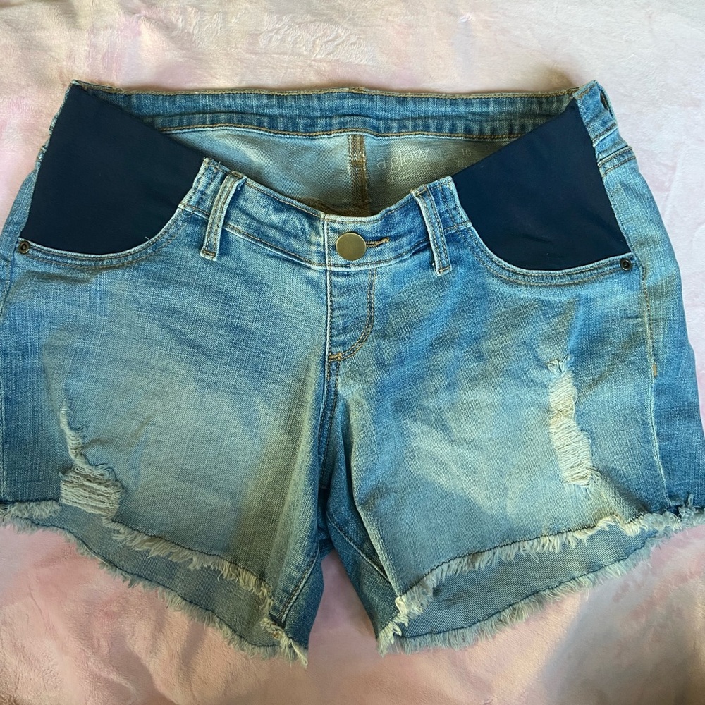 a:glow Light Blue Distressed Maternity Jean Shorts with Dark Navy Panels